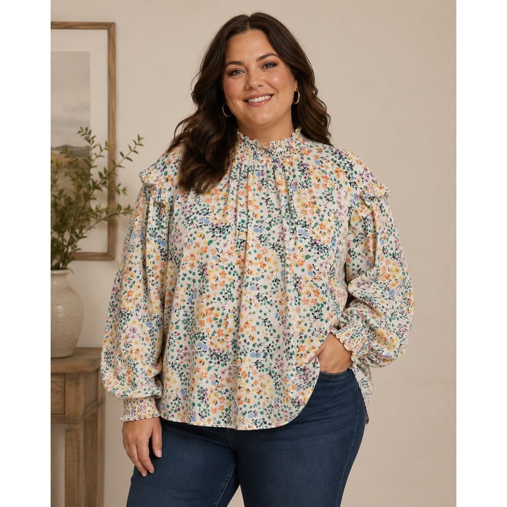 Summer Salt White Floral Long Sleeve Blouse Preppy Office Womens Plus 1xl